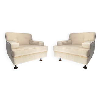 Set of Square White Velvet Chairs with Teak Feet attributed to Marco Zanuso for Arflex, Italy, 1962