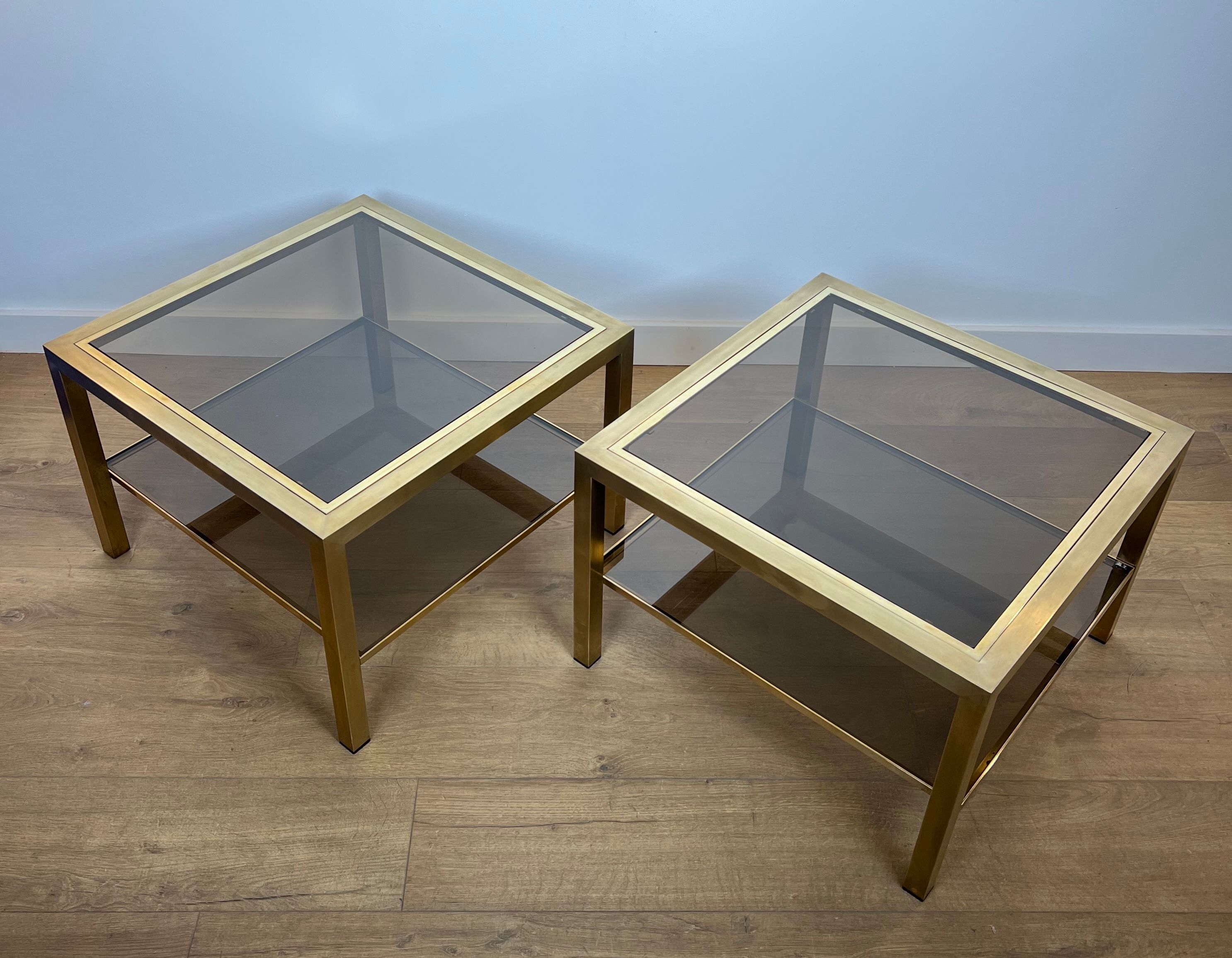 Pair of large square brass side tables
