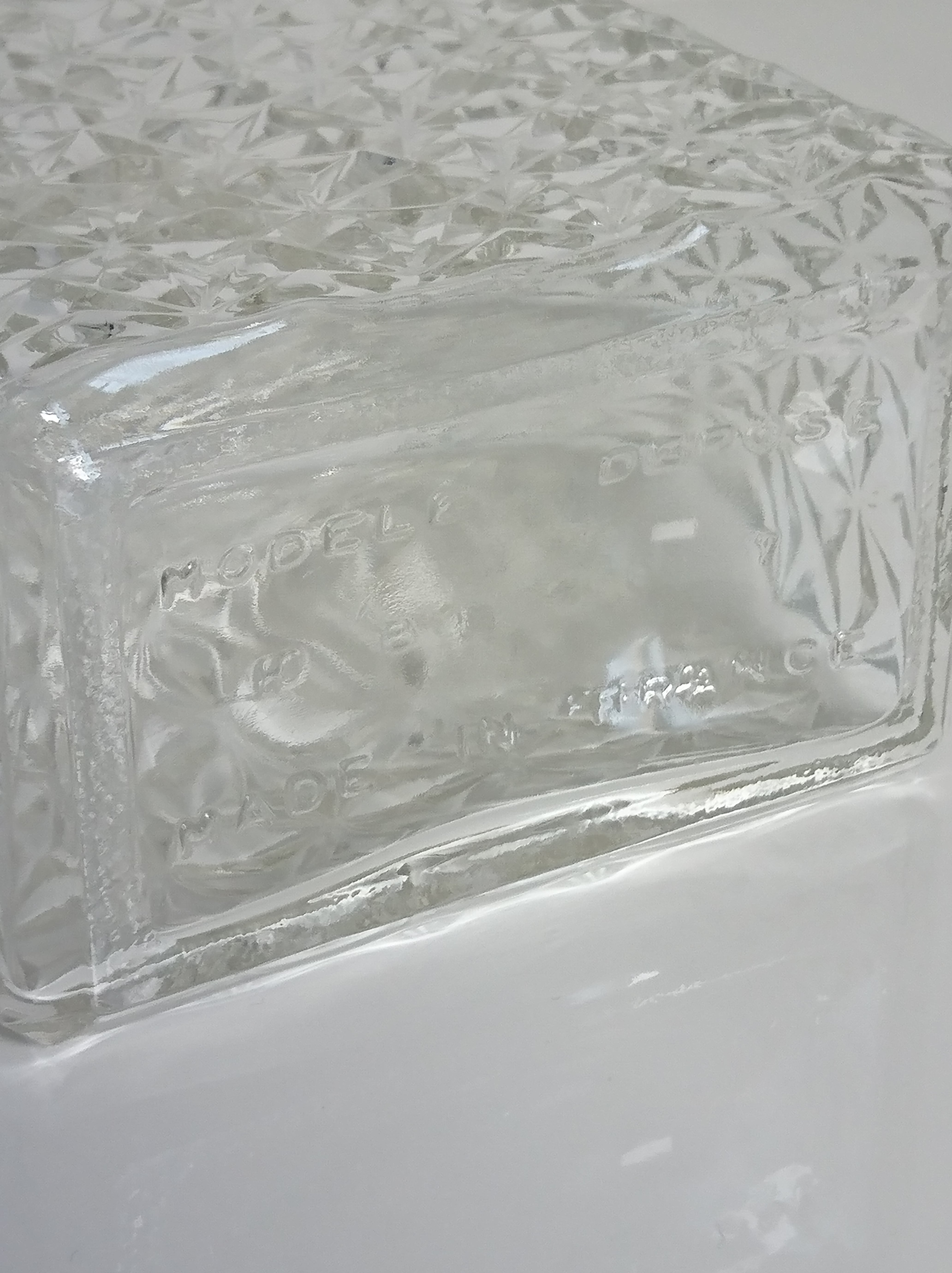 Carved glass decanter registered model made in France""