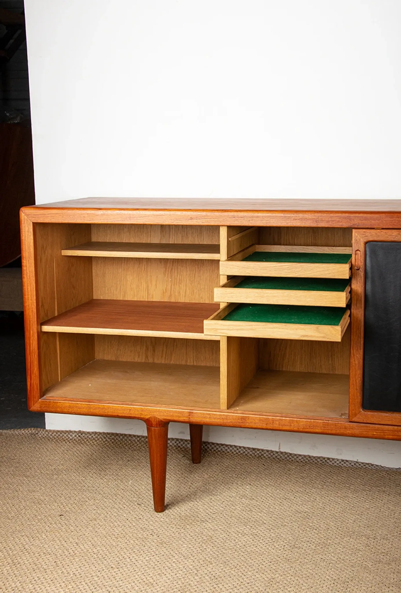 XL Danish sideboard in teak, oak and leatherette, 280 cm, by Nana Ditzel 1960.