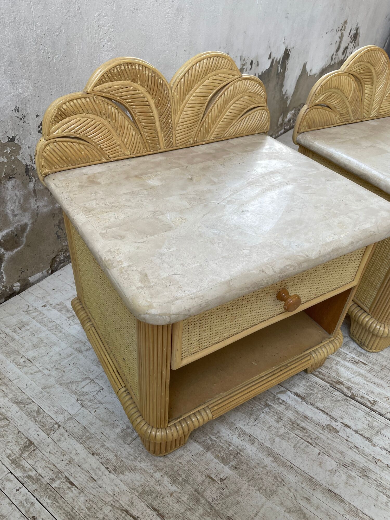 Pair of travertine bedside and rattan palm tree "vivai del sud"