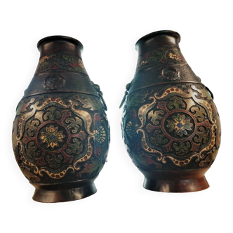 Pair of Japanese bronze pots, cloisonné and enameled.