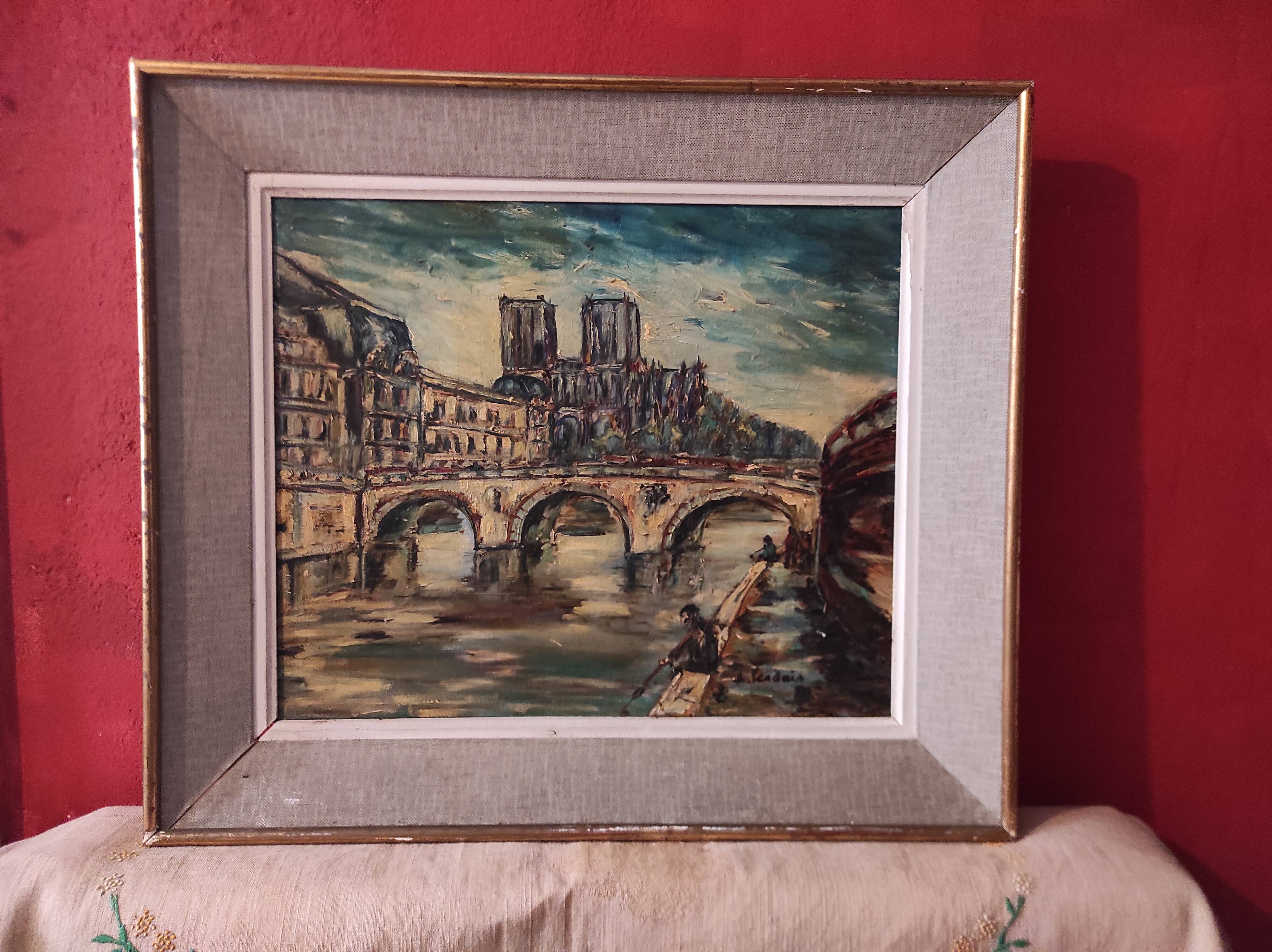 Vintage French oil painting on canvas of Paris, signed Lendais