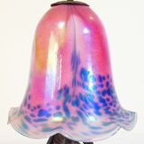 Art deco wrought iron lamp and speckled glass tulip