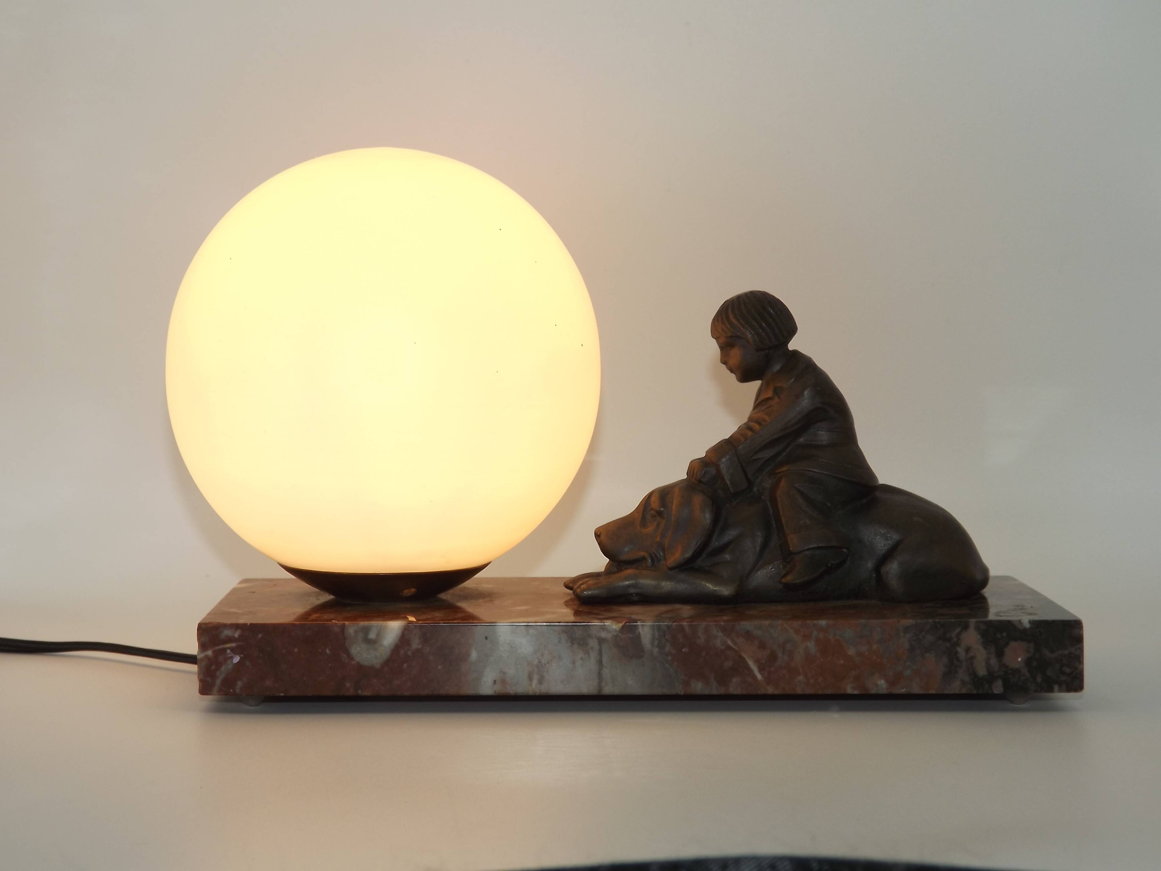 French Art Deco Table Lamp Vintage Dog & Child Figure Opaline Glass Shade