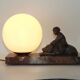 French Art Deco Table Lamp Vintage Dog & Child Figure Opaline Glass Shade