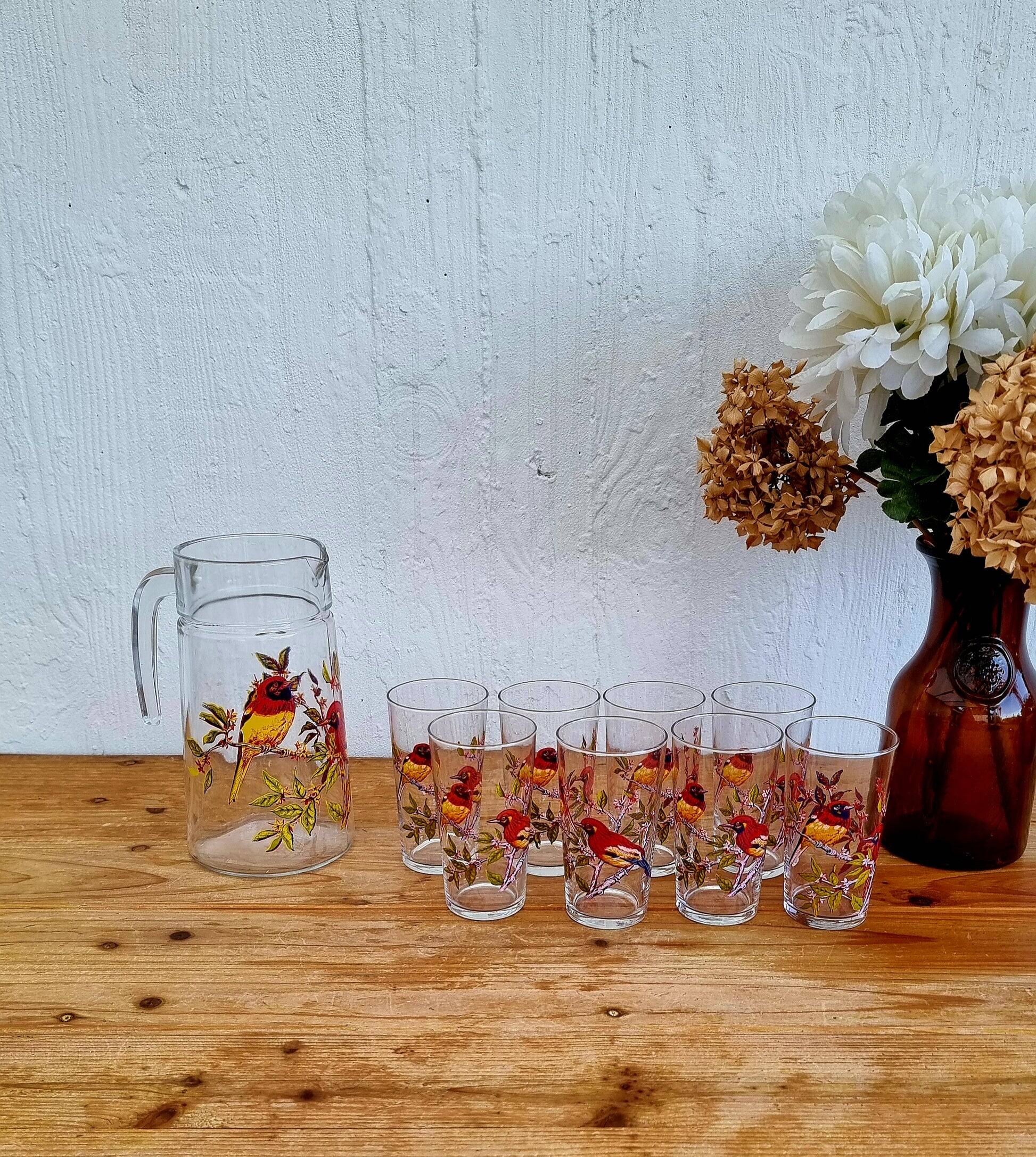 Vintage 1970s orangeade set with a jug and 8 glasses decorated with birds.