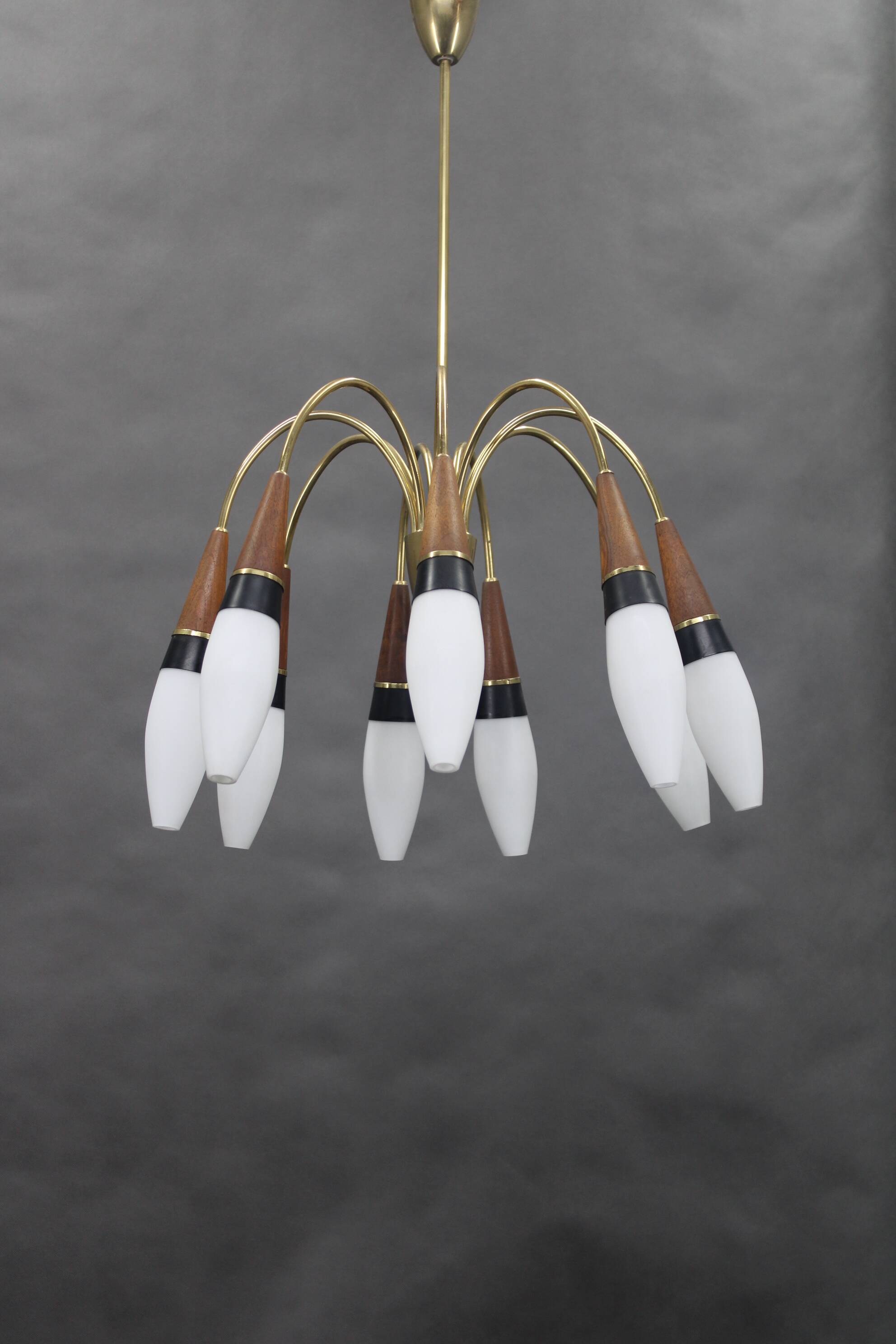 1960s Rupert Nikoll Brass and Teak Opaline Glass Chandelier ,Austria