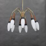 1960s Rupert Nikoll Brass and Teak Opaline Glass Chandelier ,Austria