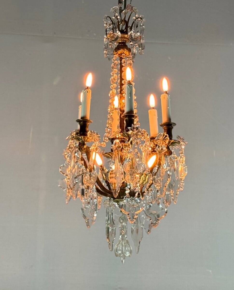 Gilt bronze cage chandelier decorated with cut crystal pendants circa 1900