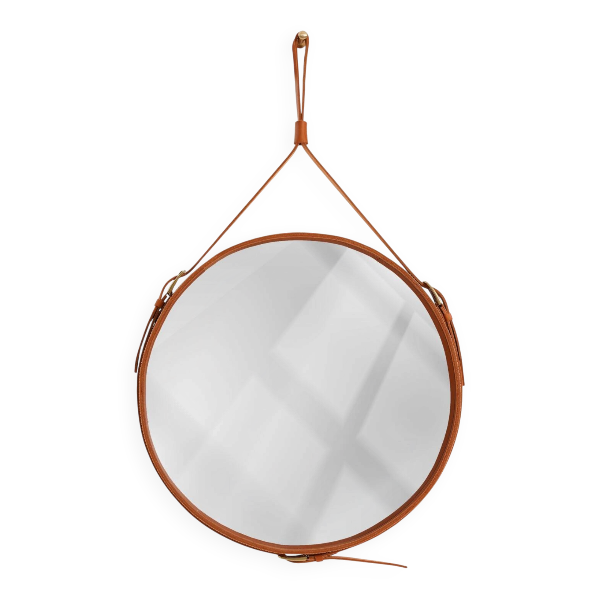 Handmade J. Adnet style mirror in tan color veg-tanned leather, ø 70 cm
