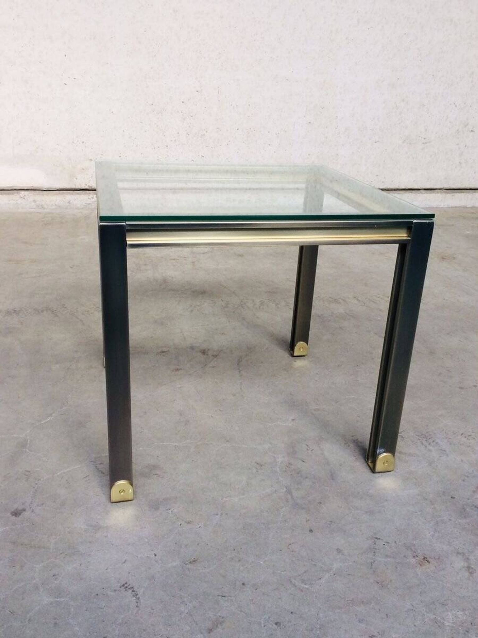 Steel and Brass Square Coffee Table, Belgium, 1980s