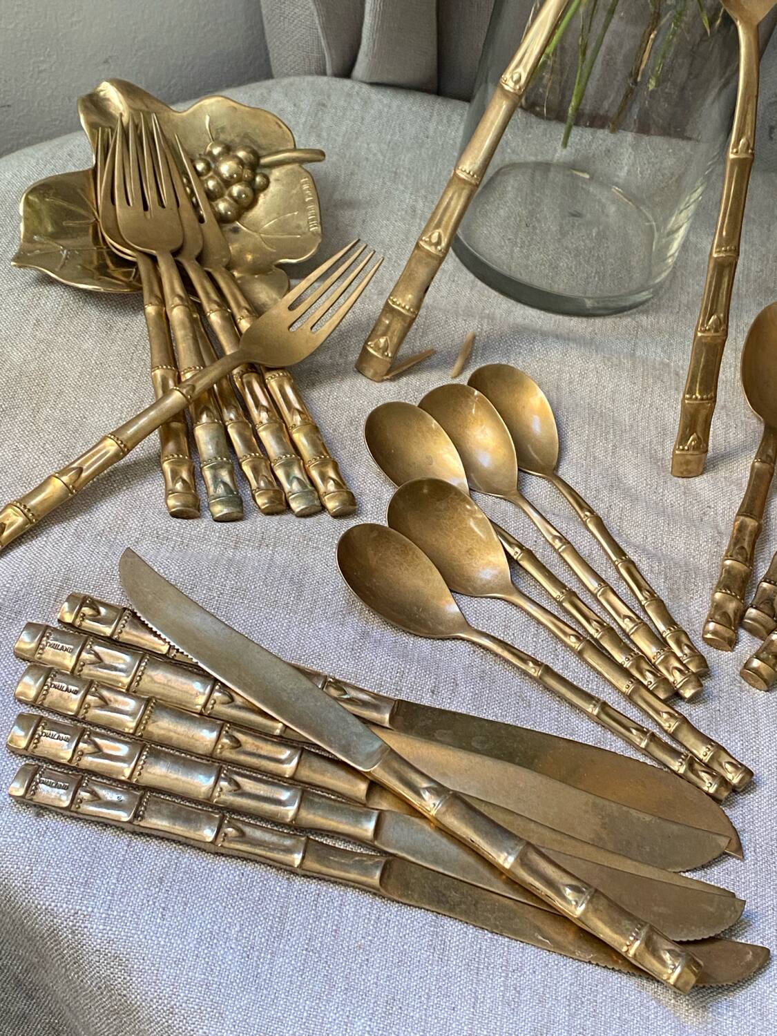 Nickel-plated bronze cutlery set, bamboo style