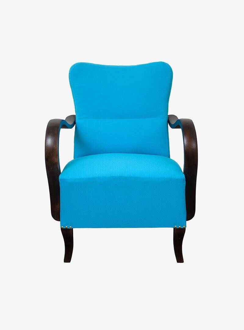 Pair of royal blue Art Deco armchairs in cotton and wood, 1920s.