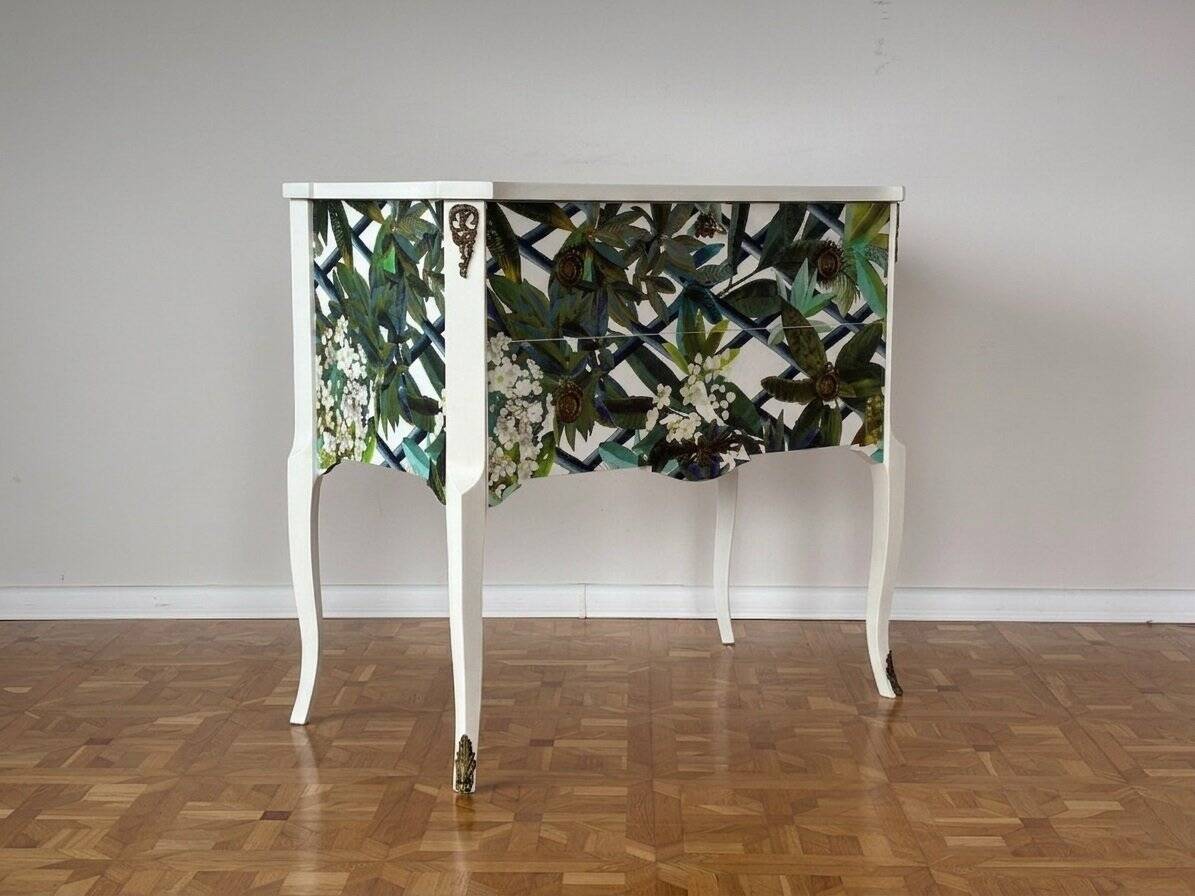 Gustavian commode with wallpaper from Christian Lacroix, 1950s