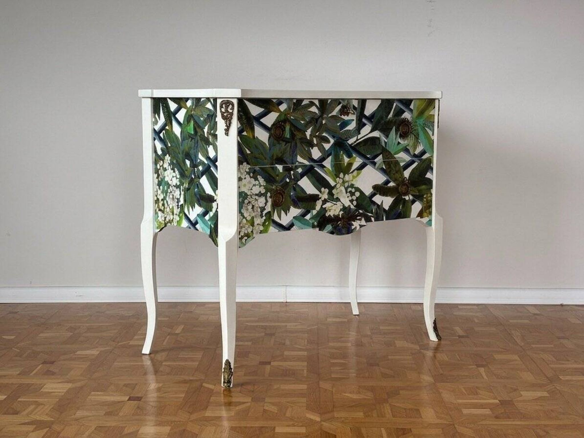 Gustavian commode with wallpaper from Christian Lacroix, 1950s