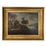 École italienne "Paysage lacustre, forêt animée de personnages" tableau hui