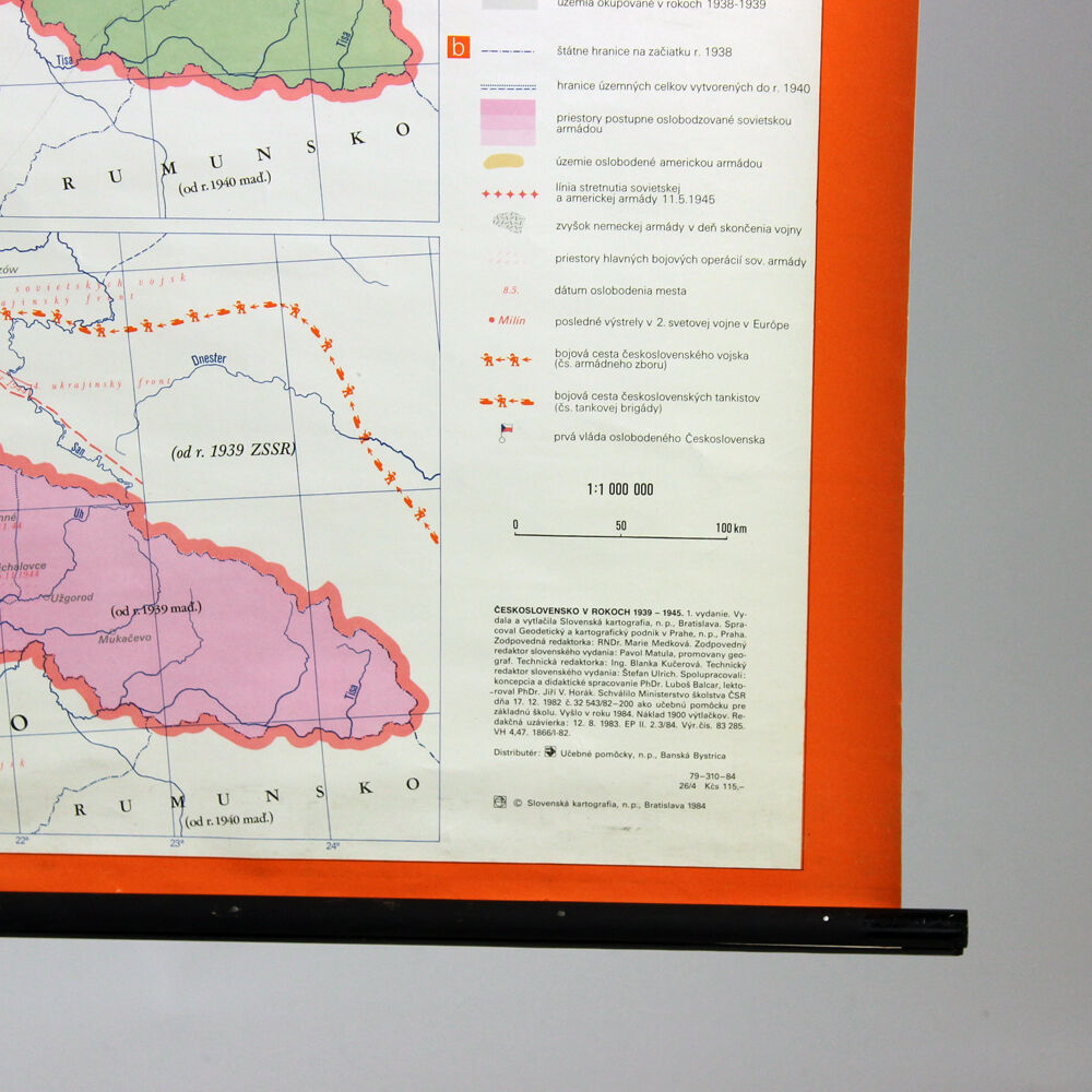 Vintage School Map Of Czechoslovakia In 1939 1945, 1960s