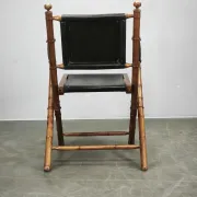 1970s French Folding Safari Chair in Teak, Black Leather and Brass