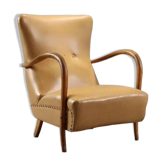 Fauteuil vintage en hêtre, simili cuir, mousse, design, Italie, années 1950
