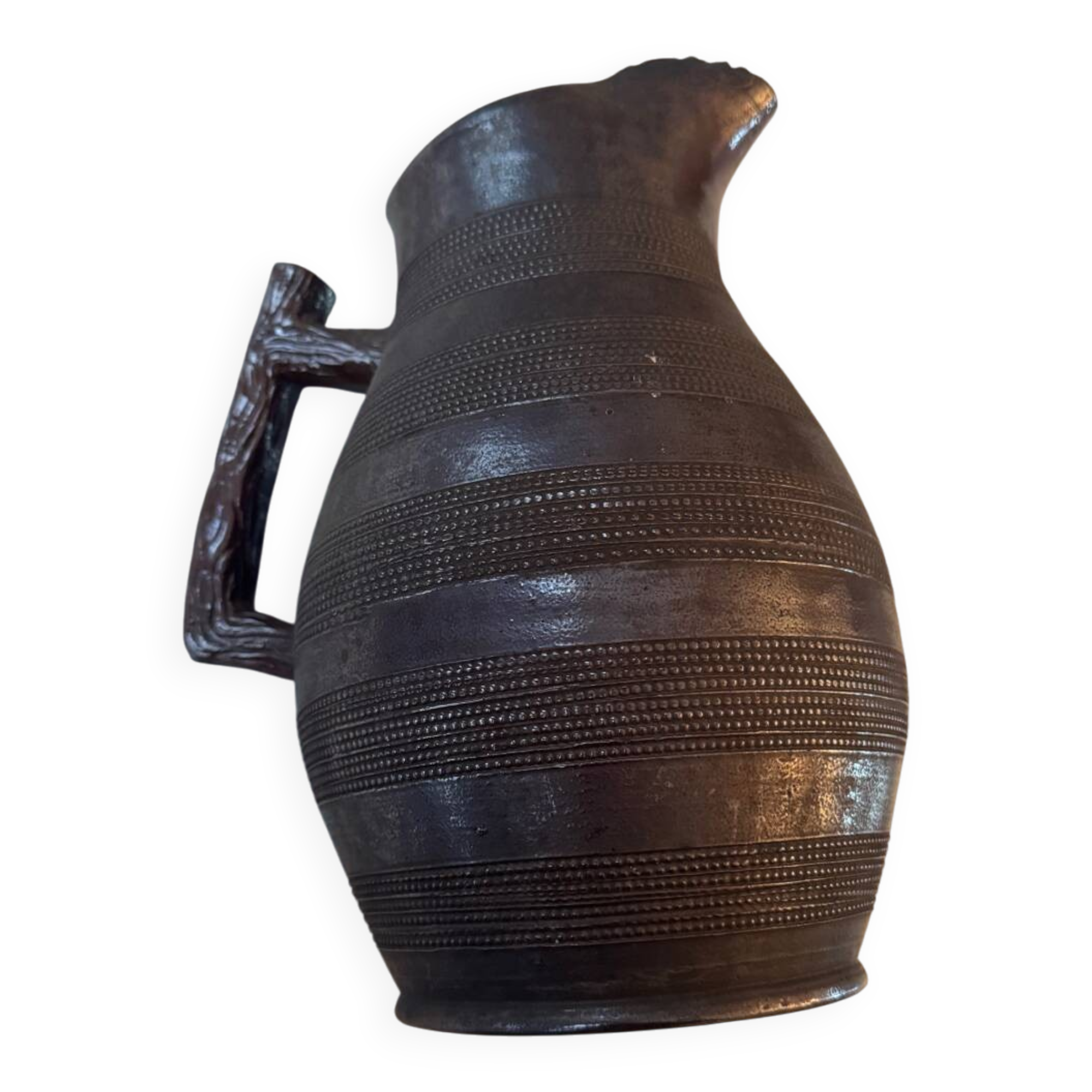 Large antique ceramic pitcher with glazed finish (sculpted stoneware) 1950