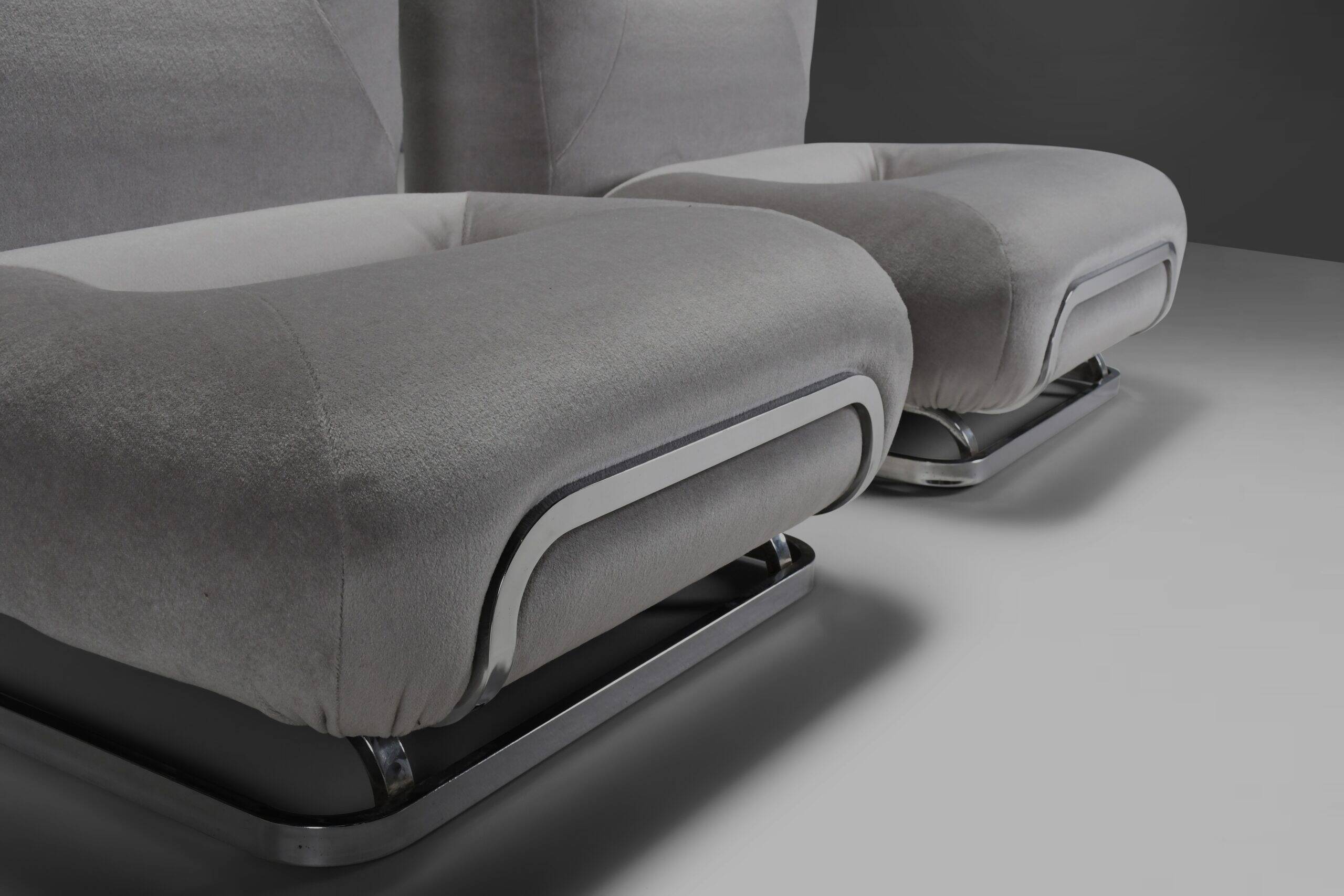 Mohair and chrome lounge chairs designed by Malchioro for IPE, Italy 1970s