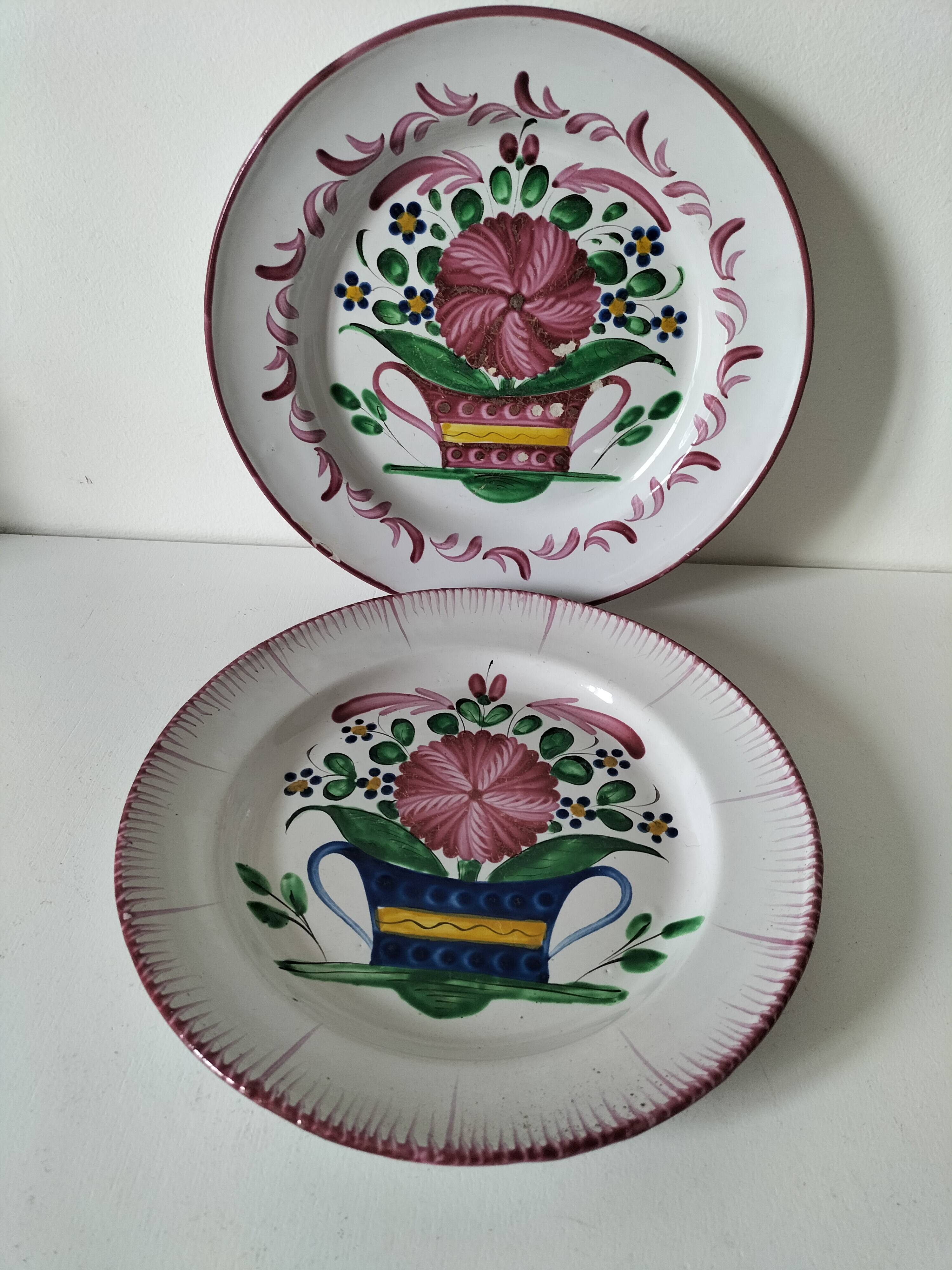 Pair of hand-painted antique plates – Rustic-chic floral decor