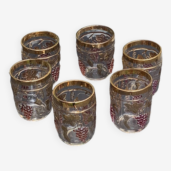 6 whiskey glasses with a pattern of bunches of grapes and vintage gold foliage