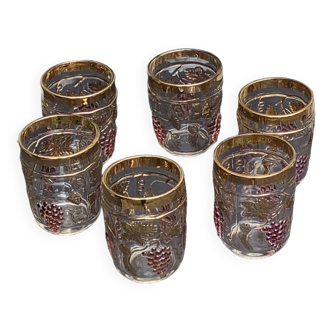 6 whiskey glasses with a pattern of bunches of grapes and vintage gold foliage