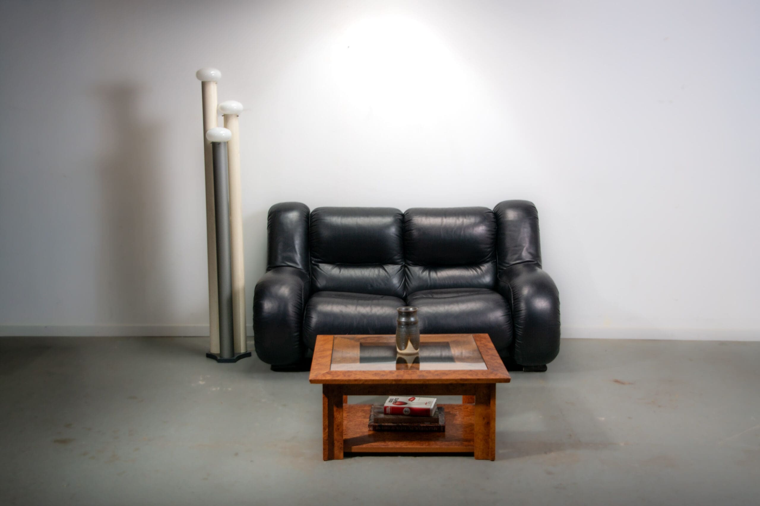 Black leather space age Italian 2 seater sofa