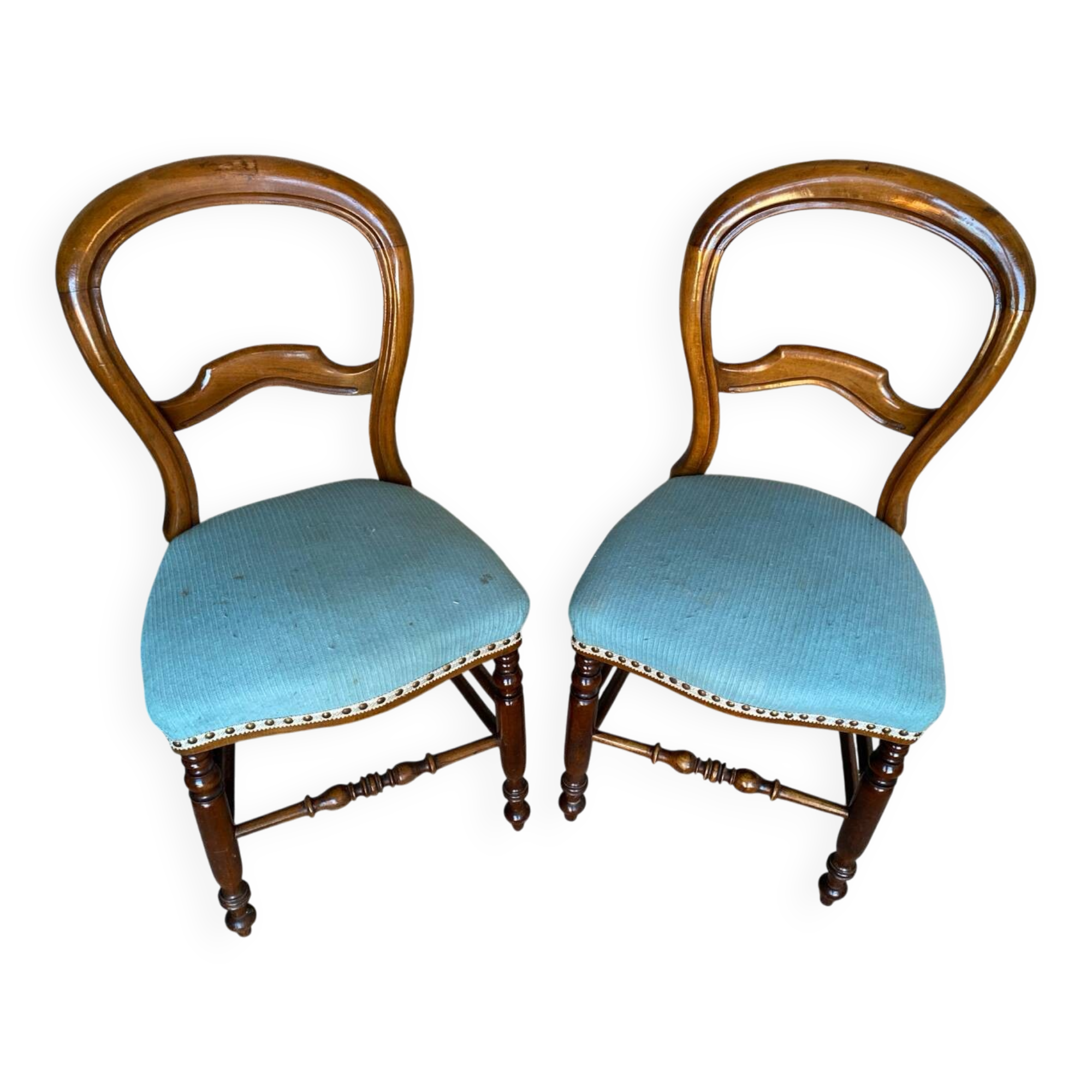 Pair of antique louis philippe chairs wood + blue vintage fabric seat