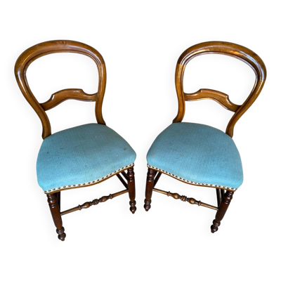 Paire chaise ancienne louis philippe bois + assise tissu bleu vintage