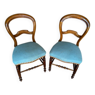 Pair of antique louis philippe chairs wood + blue vintage fabric seat