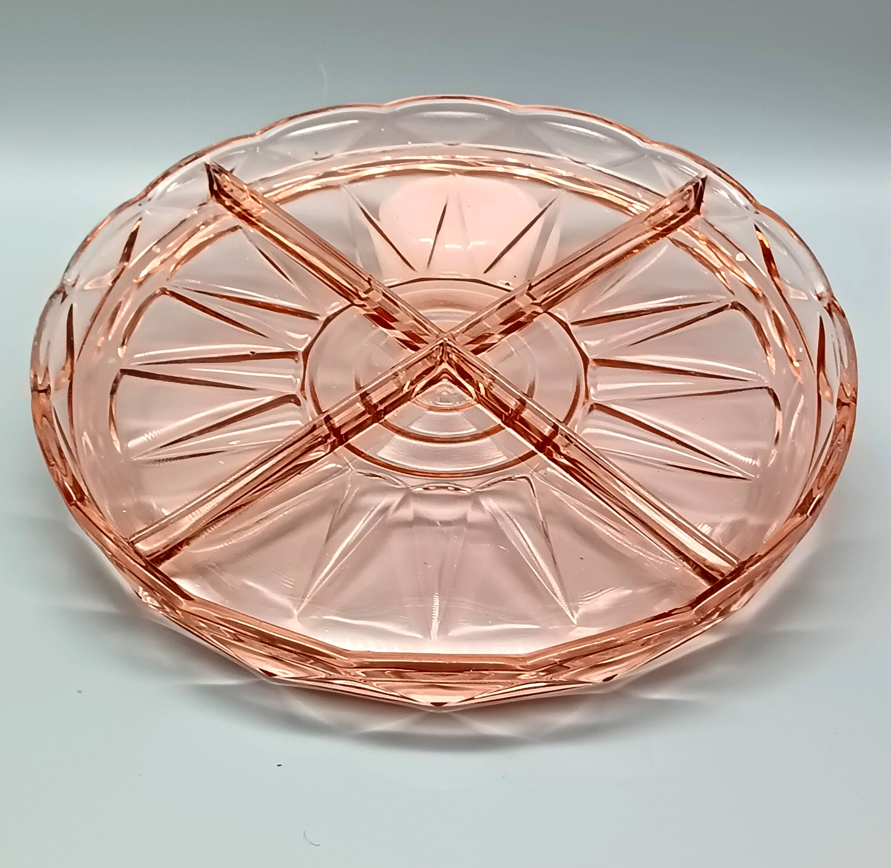 Beautiful pink dish with 4 compartments in vintage pressed glass