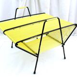 Porte-disques portable vintage, style français moderne du milieu du siècle, avec cordon en vinyle jaune vif, accessoire hi-fi rétro MCM pour le rangement, centre musical