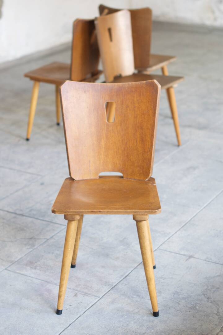 Series of four vintage brutalist wooden chairs 1960