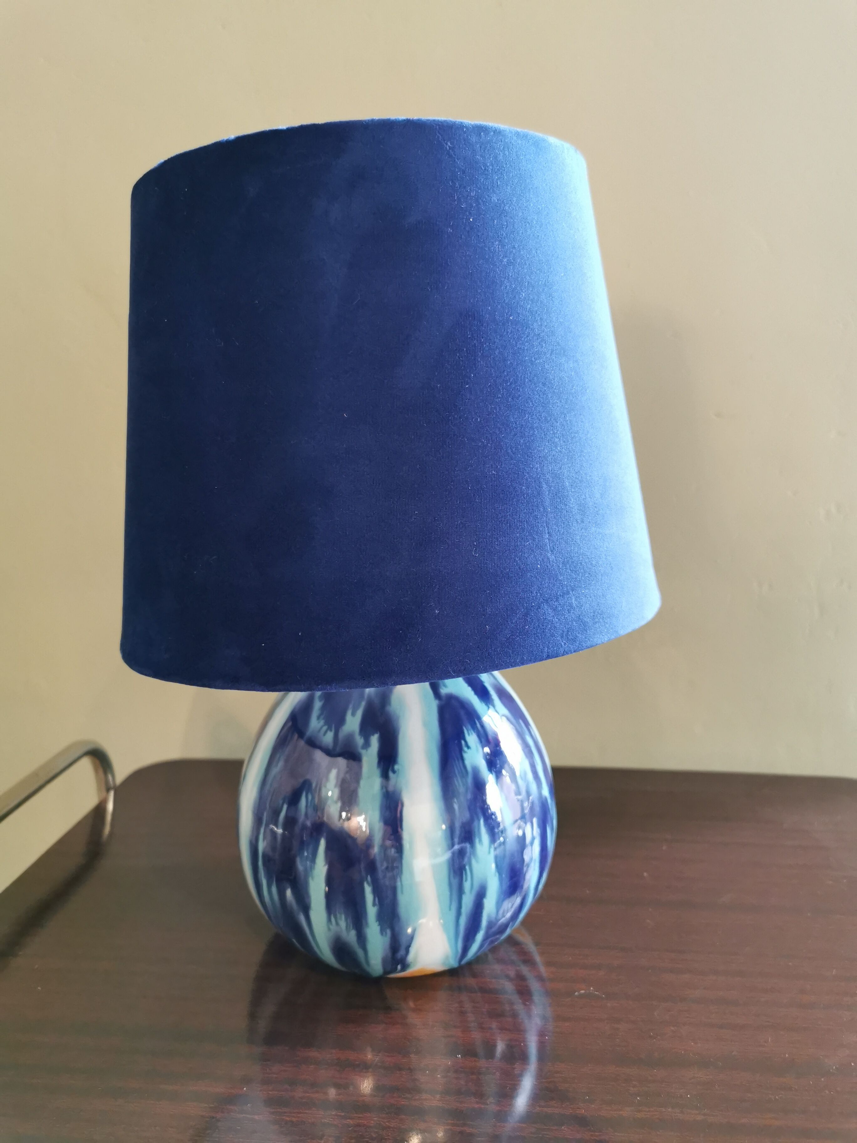 Vintage blue ceramic ball lamp signed