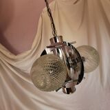 Space age chandelier with 3 lights, stainless steel and cut glass, Mazzega style, 1970