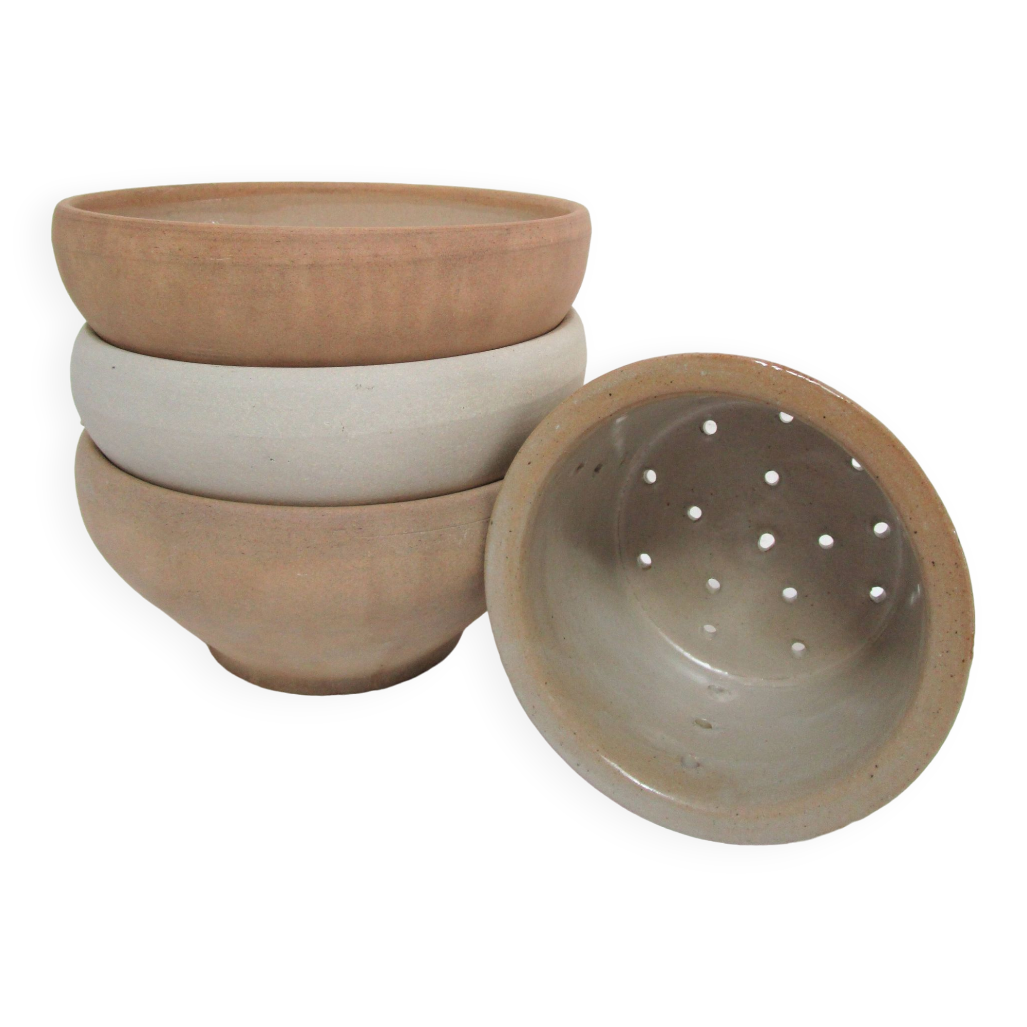 Three XL bowls and old stoneware dish