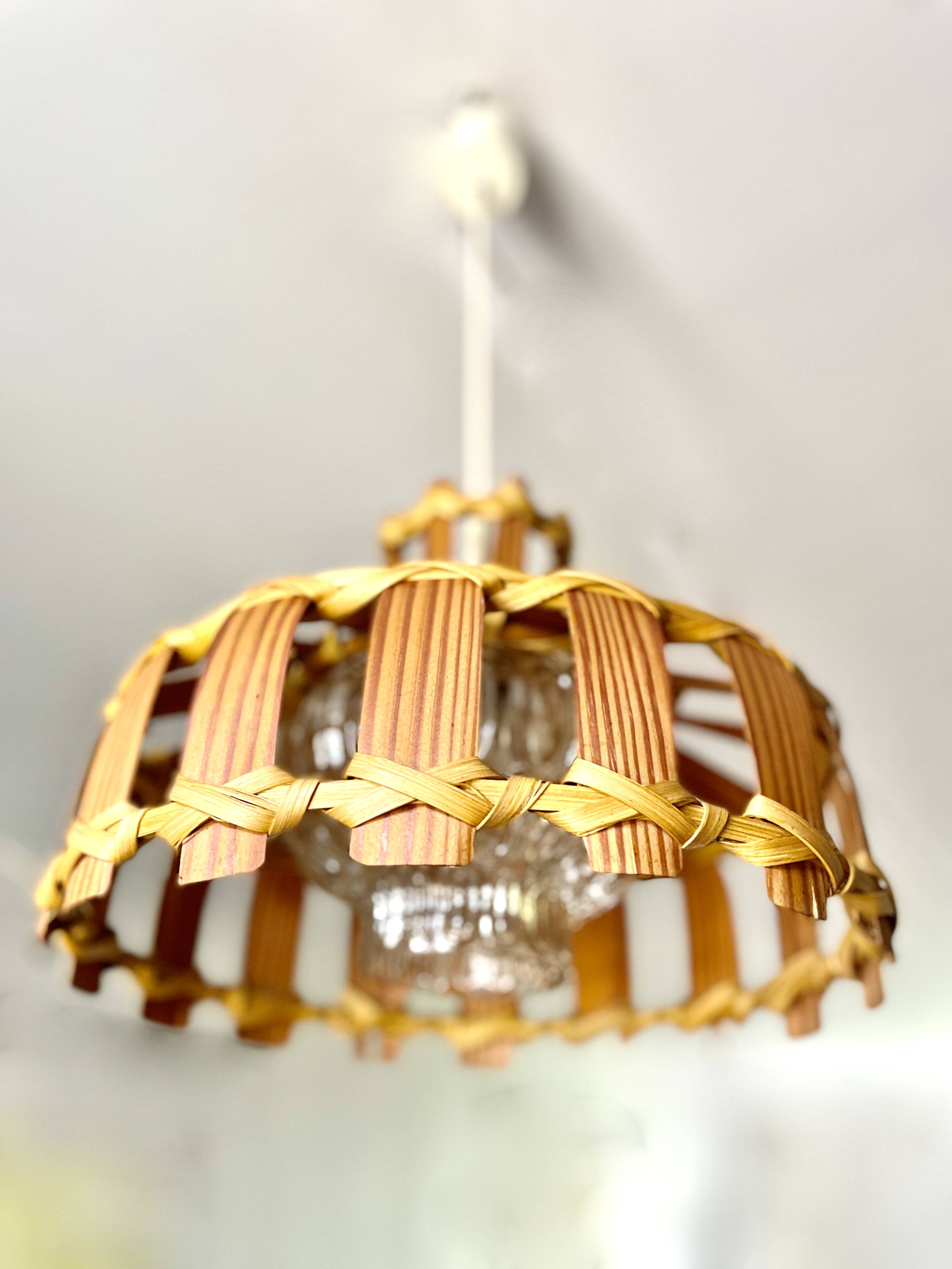 Scandinavian pendant light with wood veneer and bubble glass, 1970