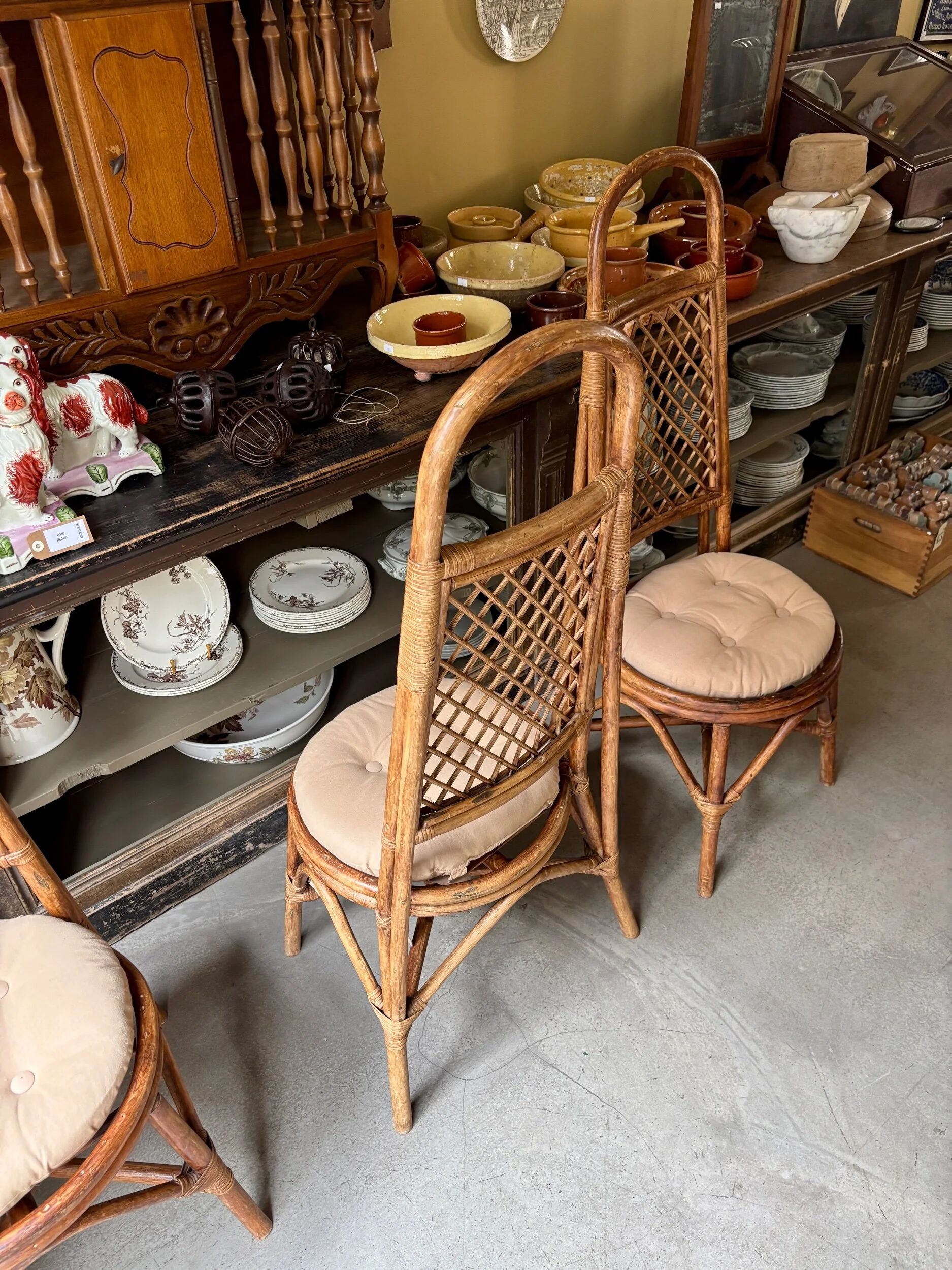 4 bent bamboo and rattan chairs