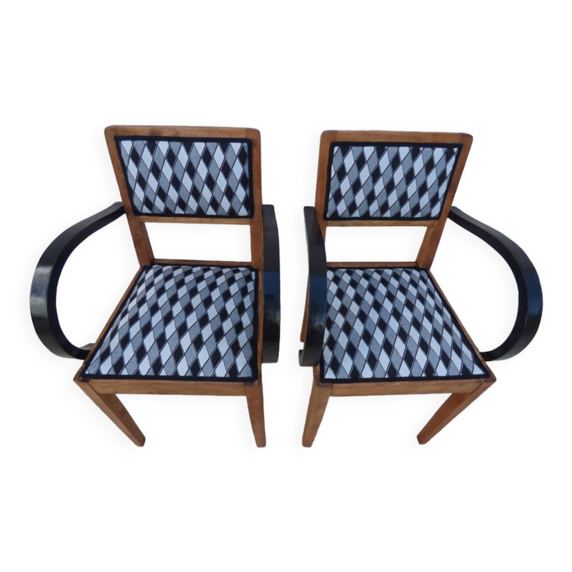 2 bridge armchairs in solid wood with totally restyled fabrics