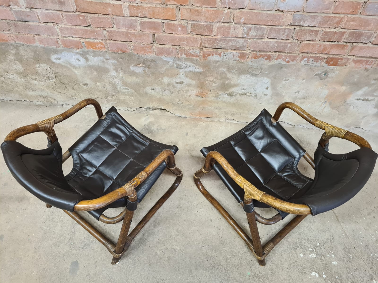 Pair of vintage skaï bamboo armchairs