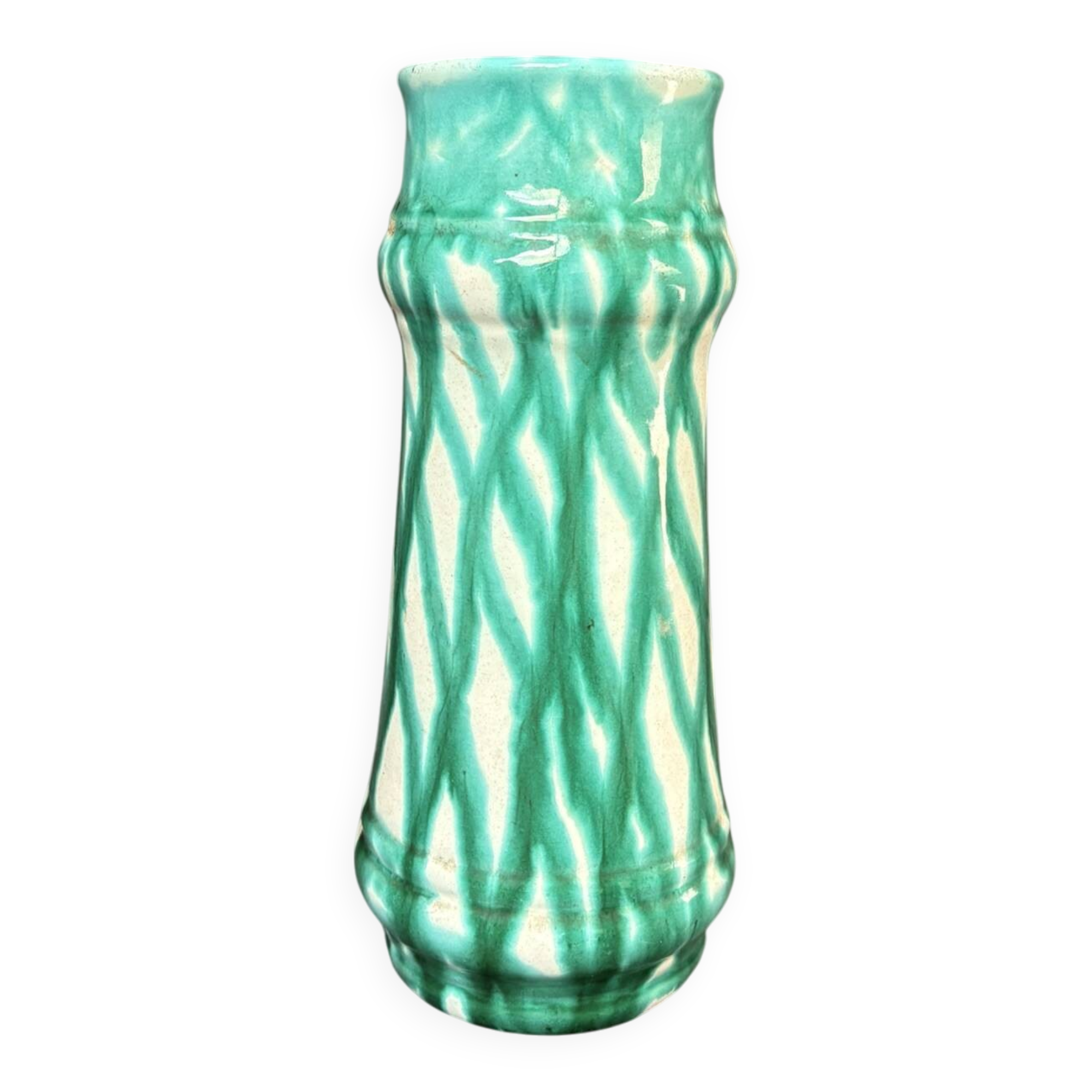 Vintage Glazed Geometric Ceramic Vase Green Blue West Germany 1960 Bay