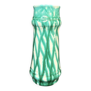 Ancien Vase Céramique Emaillée Géométrique Vert Bleu West Germany 1960 Bay