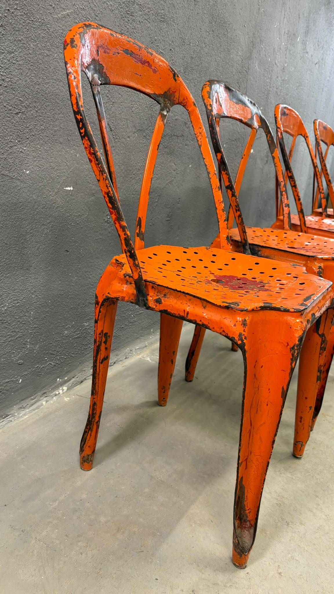Set of four industrial metal dining chairs by Joseph Mathieu, painted steel, 1920s, France