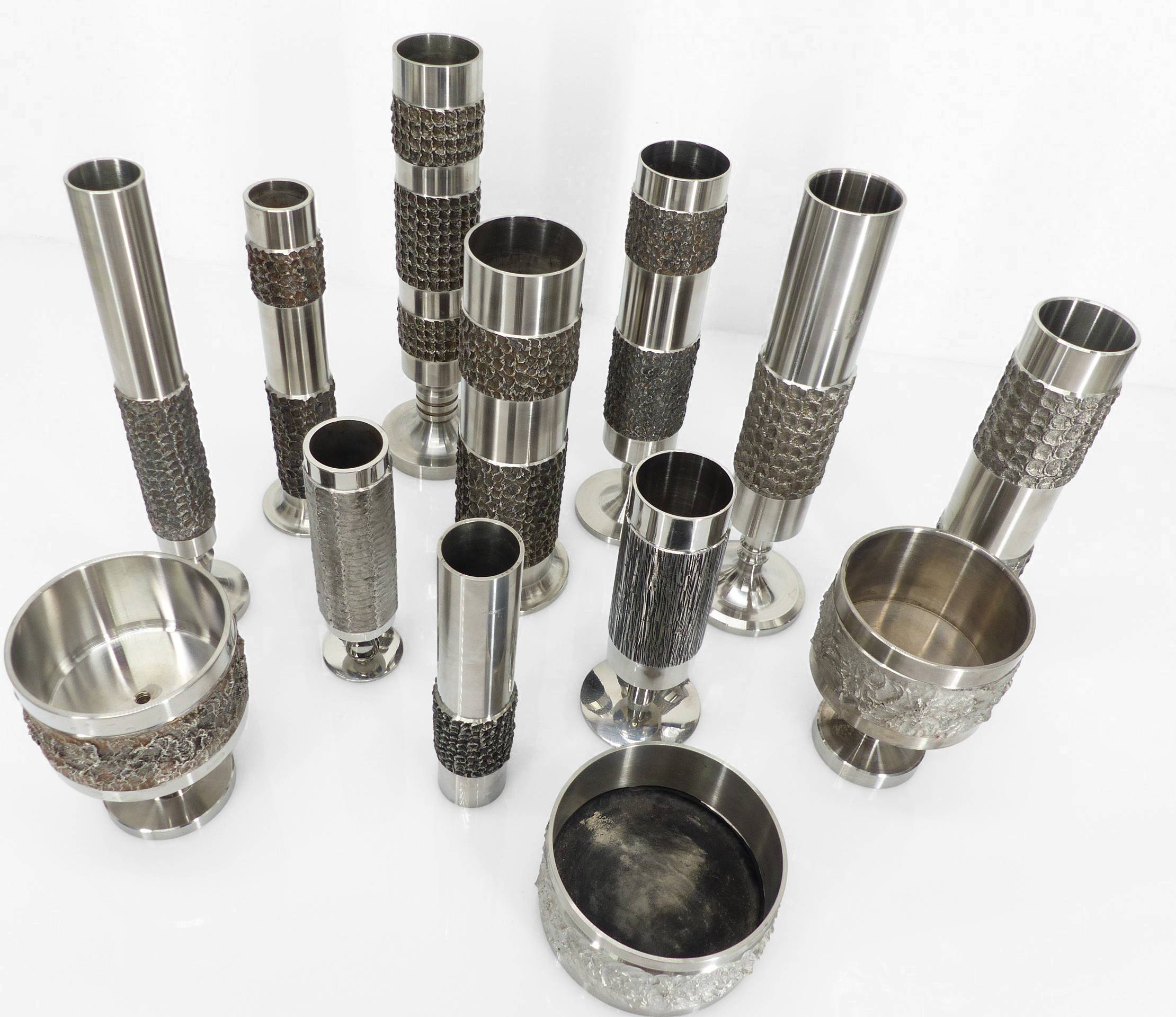 Set of 13 brutalist Space Age vases in steel – BMF, Germany, circa 1970