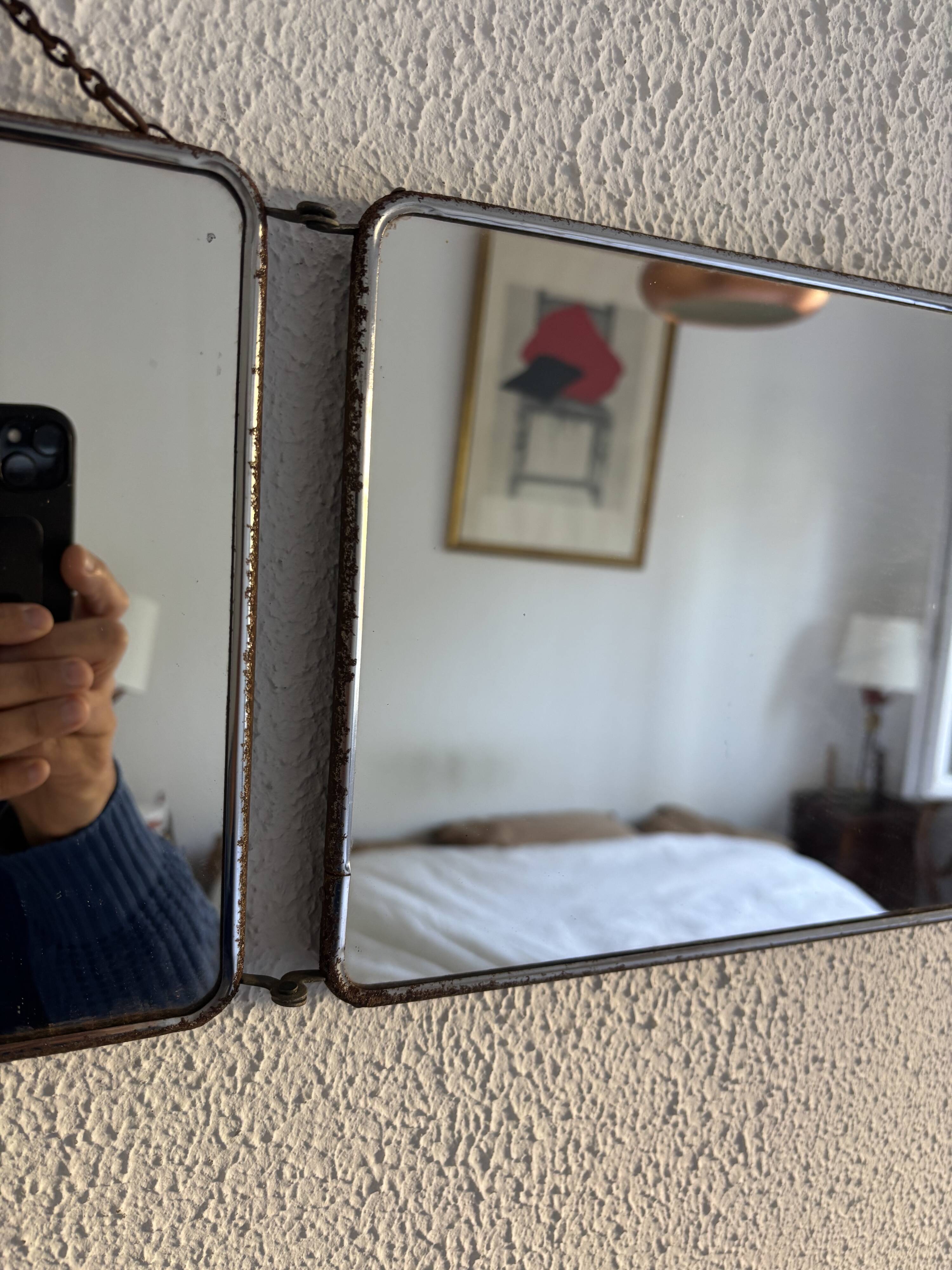 Vintage 1950s triptych barber mirror in duck blue - 22 x 86 cm