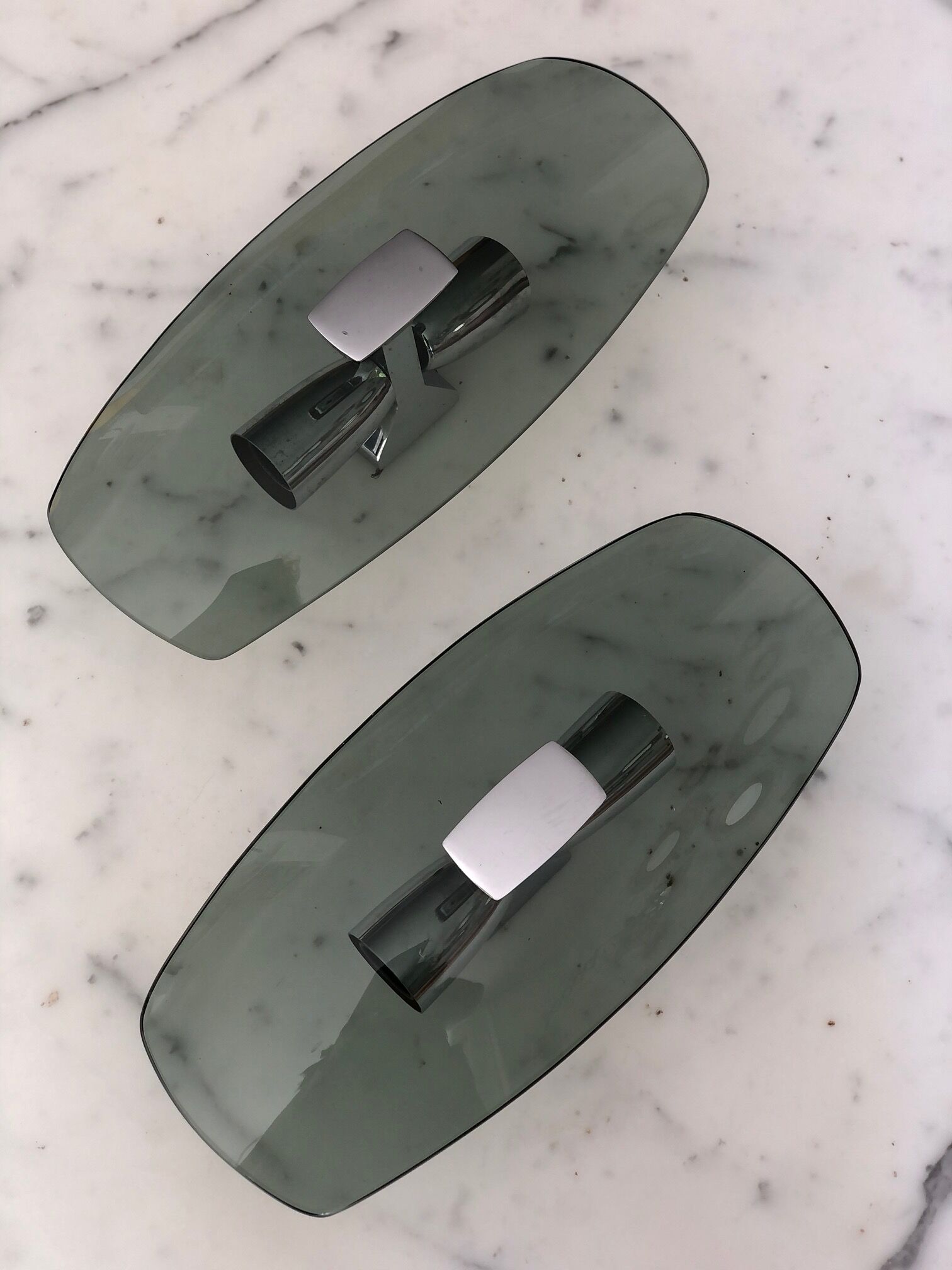 Space Age double fire wall lamps in bluish grey smoked glass