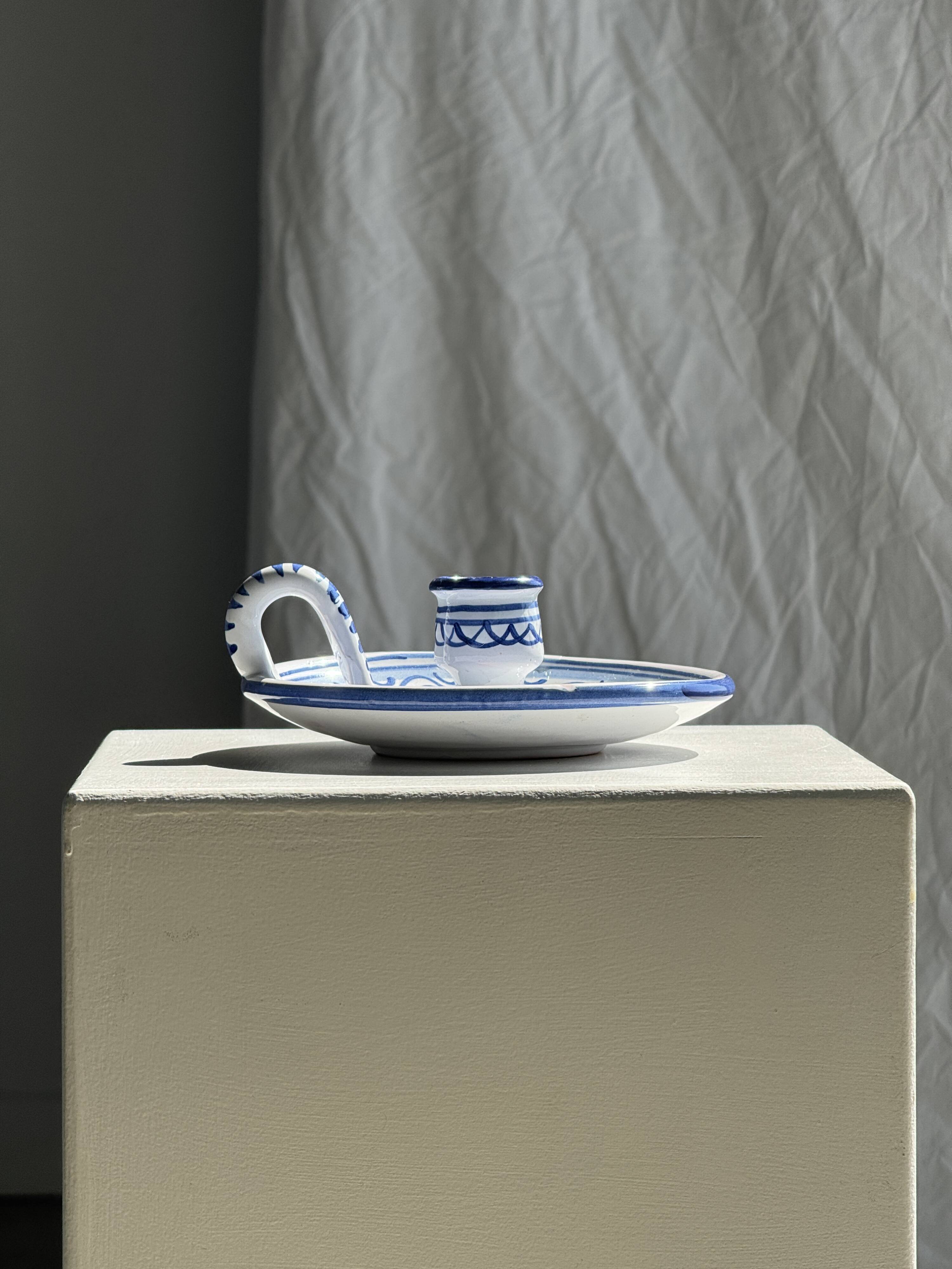 Small handmade white candle holder with blue geometric frieze pattern H7